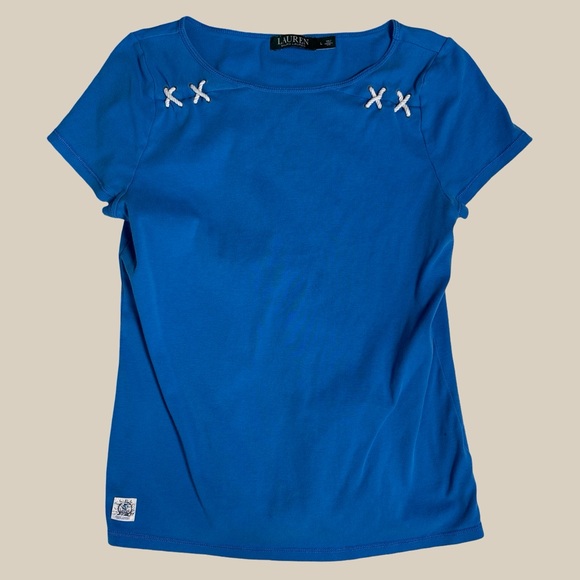 Lauren Ralph Lauren Women’s Blue Short Slv Top White X Stitching 100% Cotton L - Picture 3 of 5